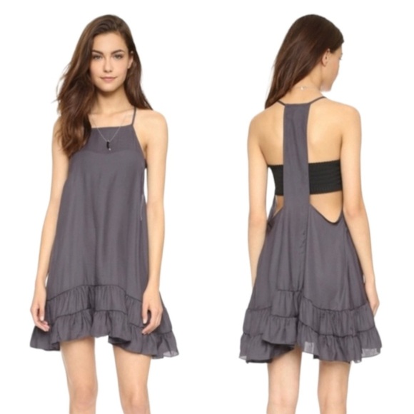 Intimately Free People Gray Racer Back Tiered Ruffle Hem Mini Slip Dress Size XS